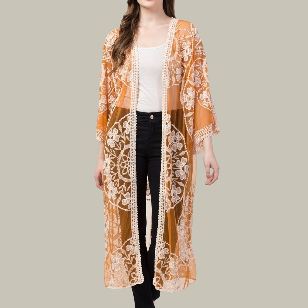Ana & Rose Floral Lace Mesh Kimono Cardigan Women L Orange Boho Sheer Beach Chic
